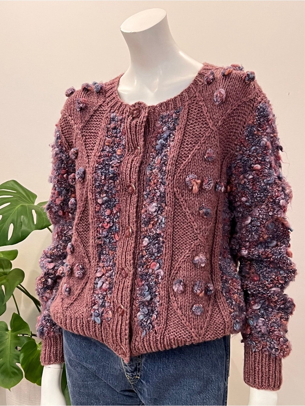 Vintage handmade Textured Pom-Pom Knit Cardigan Sweater - Dusty Rose Mauve